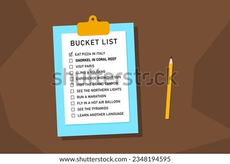 Bucket list life plans checklist. Example bucketlist with travel ideas.
