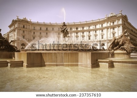 Piazza della Repubblica, Rome. Architecture in Italy. Cross processed color style - retro image filtered tone.