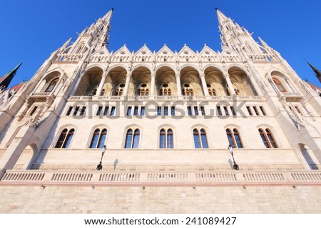 Budapest, Hungary - national Parliament building featuring Gothic revival and Renaissance revival architecture. Sunset light.