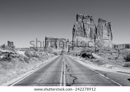 Arches National Park in Utah, USA. Famous Arches scenic drive road. Black and white tone - retro monochrome color style.