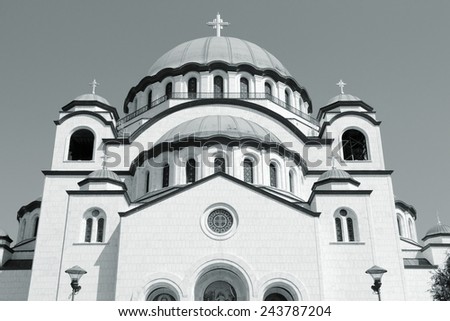 Cathedral in Belgrade, Serbia - Saint Sava Orthodox Cathedral. Neo-Byzantine architecture. Vracar district. Black and white tone - retro monochrome color style.
