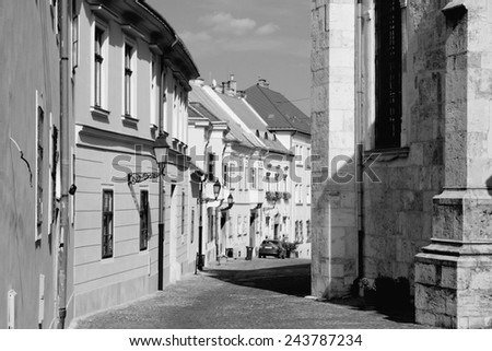Gyor, Hungary. City in Western Transdanubia region. Old town street. Black and white tone - retro monochrome color style.