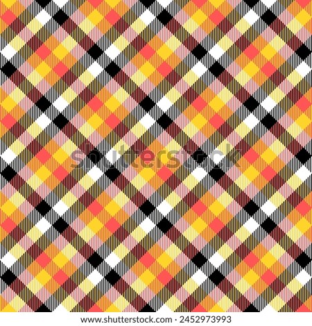 Yellow red black white check pattern. Seamless vector gingham texture. Tablecloth, blanket, kitchen cloth or casual fashion print design. Checkered background.