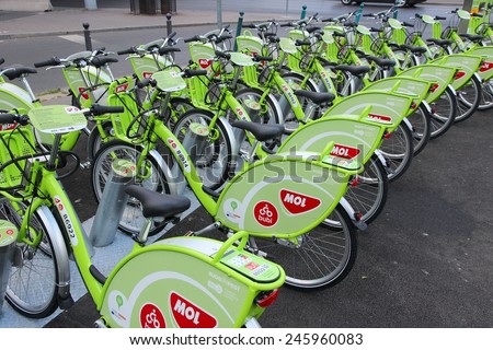 BUDAPEST, HUNGARY - JUNE 19, 2014: BuBi bicycle sharing station in Budapest. Service started in 2014, has 1,100 bicycles and 76 sharing stations.