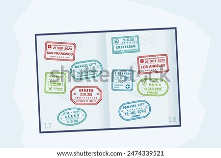 Passport stamps on open passport pages. Many visa stamps. Traveler passport.