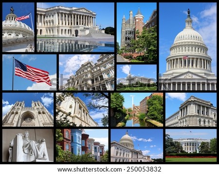 Photo collage from Washington DC, United States. Collage includes major landmarks like National Capitol, Georgetown University and Lincoln Memorial.