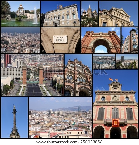 Barcelona, Spain photo collage. Collage includes major landmarks like Placa Espanya, Barceloneta and Parliament of Catalonia.