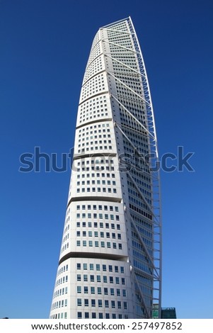 MALMO, SWEDEN - MARCH 8, 2011: Turning Torso skyscraper in Malmo. It was designed by Santiago Calatrava. At 190 meters it is the tallest building of Scandinavia.