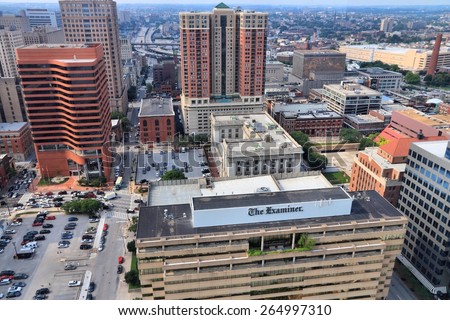 BALTIMORE, USA - JUNE 12, 2013: Aerial view of Baltimore, Maryland. Baltimore is the largest city in the state of Maryland with 622,104 people.