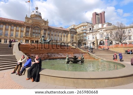 BIRMINGHAM, UK - APRIL 19, 2013: People visit Victoria Square in Birmingham. Birmingham is the most populous British city outside London with 1,074,300 residents (2011 census).