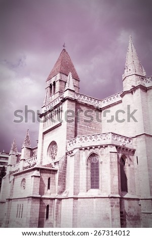 Valladolid - Iglesia de Santa Maria Antigua. Old church architecture in Spain. Vintage color style - cross processed filtered colors tone.