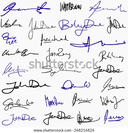 Collection Of Handwritten Signatures. Personal Contract Fictitious ...