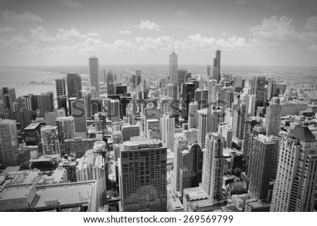 Chicago skyline - aerial view. Black and white tone - retro monochrome color style.