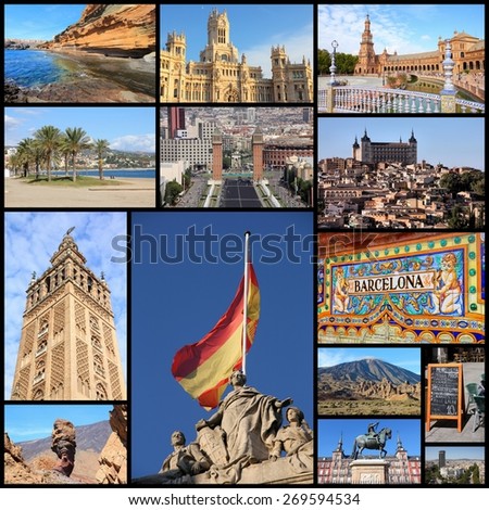 Travel collage from Spain. Collage includes famous places like Madrid, Barcelona, Toledo, Seville, Malaga and Tenerife.
