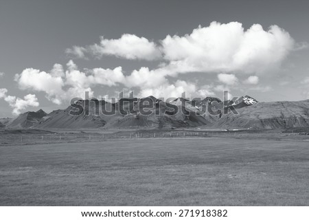 Lonsoraefi area - mountains in Iceland. Black and white toned image.