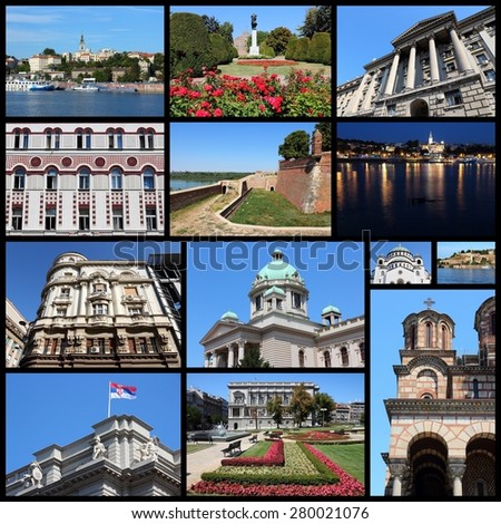 Belgrade, Serbia travel photo collage. Collage includes major landmarks like Sava River skyline, Parliament and Cathedral.
