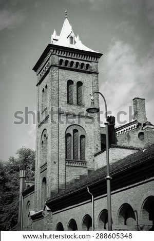 Oslo, Norway - architecture of old market. Black and white vintage style.