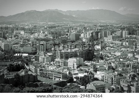 Malaga in Andalusia region of Spain. Aerial view from Gibralfaro mountain. Black and white tone - retro monochrome color style.