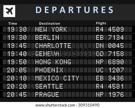 Airport departure board with following destinations: New York, Berlin, Charlotte, Geneva, Hong Kong, Phoenix, Mexico City, Seattle and Prague.