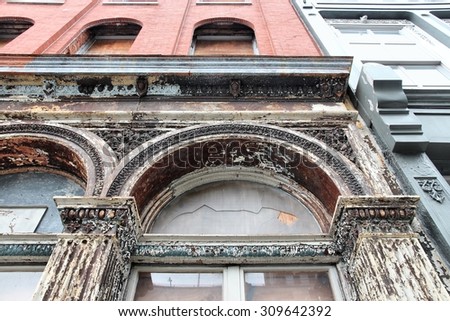 Philadelphia, Pennsylvania in the United States. Old cast iron facade in a building.