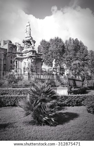 Palermo, Italy - city in Sicily island. Public park - Villa Bonanno. Black and white tone - retro monochrome BW color style.