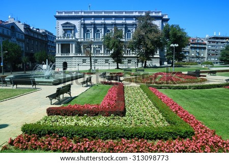 Belgrade, Serbia - famous Old Palace and flower gardens in the city. Currently local government headquarters - City Assembly. Filtered style colors.
