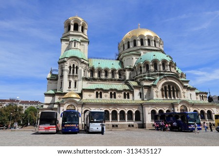 SOFIA, BULGARIA - AUGUST 17, 2012: People visit the cathedral in Sofia, Bulgaria. Sofia is the largest city in Bulgaria and 15th largest in European Union (as of 2012).