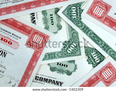 Capital stock certificates. Red and green share certificates. Bull & bear - stock market. Old, vintage, retro shares. Common stock & bonds.
