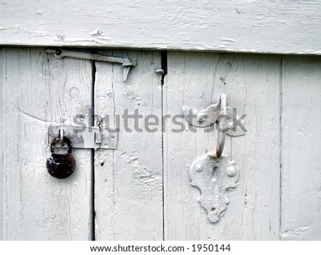 Padlock and a decorative metal door handle on a wooden door.