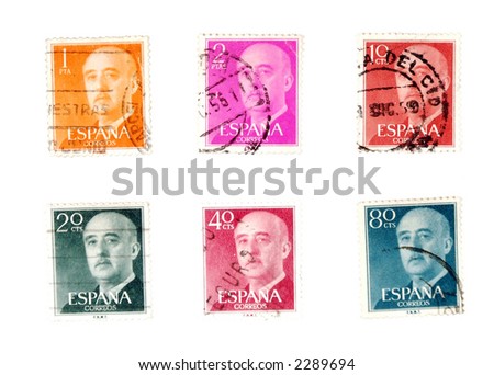 Vintage postage stamps collection. Spanish mail. Post stamps with portraits.