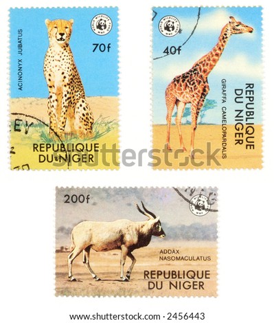 Obsolete postage stamps from Niger (Africa). Old collectible post stamps show exotic animals.