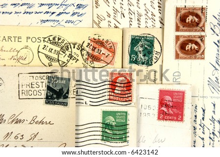 Lot of vintage, hand written postcards. Retro communication concept.