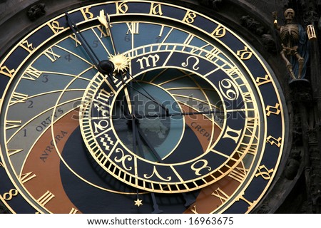 Famous astronomical clock in Prague, Czech Republic. Skeleton statue next to it, symbolizing time passing and death.