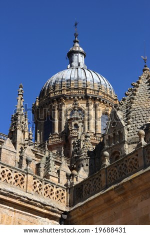 Dome of Salamanca new cathedral. Beautiful sandstone architecture. Gothic and baroque styles.