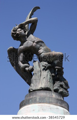 Famous monument of Fallen Angel (Lucifer) in Madrid, Spain. Parque del Buen Retiro.