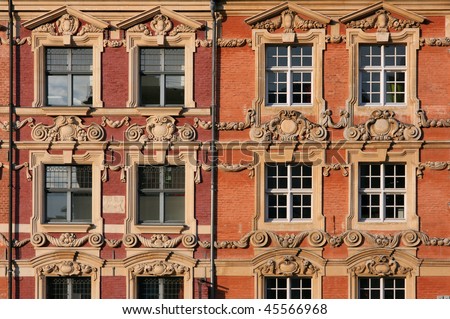 Beautiful decorative architecture in Lille, France. Town square windows.