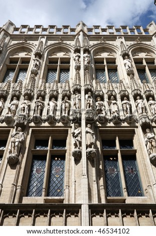 Brussels, Belgium. Intricate facade of the City Hall. Beautiful Gothic architecture.