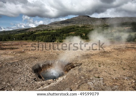 Geothermal activity near Geysir in Iceland. Colorful soil and steaming hot springs. Travel destination.