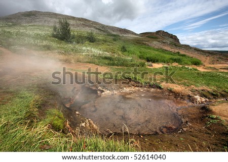 Steaming hot springs. Geothermal activity near Geysir in Iceland. Travel destination.