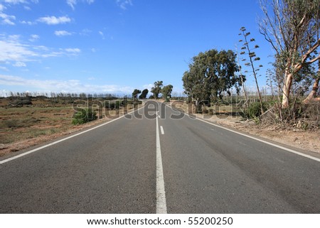 Road in desert plains in Andalusia, Spain. Dry lands of Cabo de Gata Natural Park.