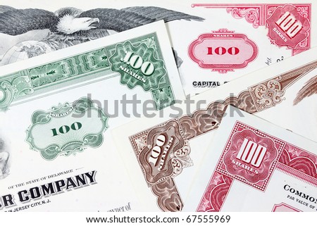 Stock market collectibles. Old stock share certificates from 1950s-1970s (United States). Vintage scripophily objects (obsolete).