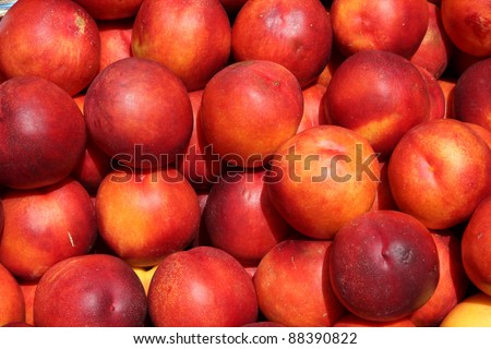 Fruit stand with nectarines at a marketplace in Mainz, Germany. Farmers market.