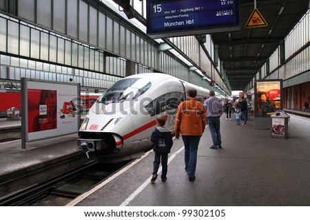 STUTTGART, GERMANY - JULY 24: Intercity Express (ICE) train of Deutsche Bahn on July 24, 2010 in Stuttgart, Germany. DB is a profitable national railway company with 2.3bn EUR income for 2011.