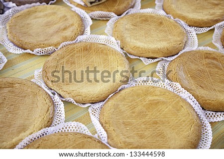 Homemade pies, apple cakes detail made by hand, selling in the market, health food, diet