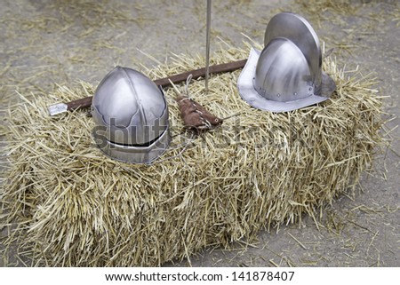 Battle Medieval Helmets, detail of some ancient war helmets, detail of conflict
