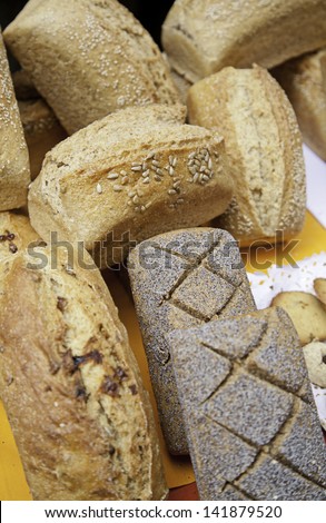 Whole wheat breads, detail of different types of artisan bread, seed bread