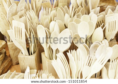 Wooden cutlery, detail of utensils made of wood, traditional crafts