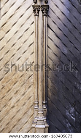 Ancient wooden door burned, detail of a wooden door burned in a fire, disaster
