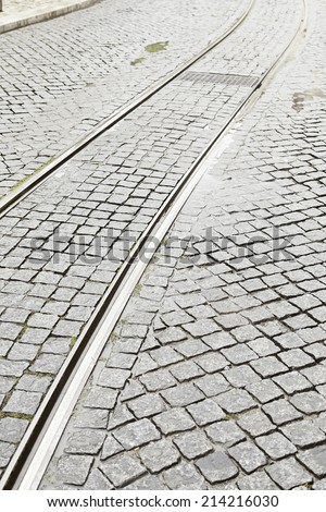 Tram tracks in the city, a detail of public transport in the city of Lisbon, former public transport