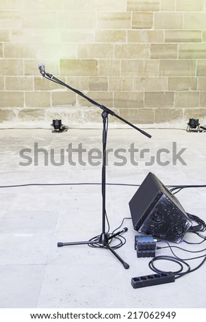 Microphone and speakers at a conference, detail of a place to speak at public